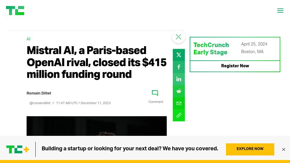 Screenshot of techcrunch.com: Mistral AI, a Paris-based OpenAI rival, closed its $415M funding round