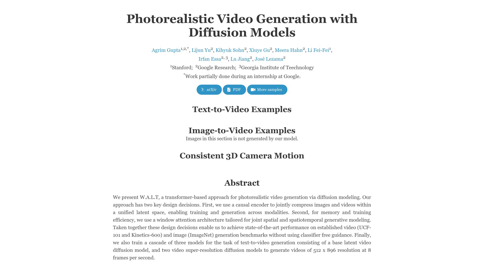 Screenshot of walt-video-diffusion.github.io: Photorealistic Video Generation with Diffusion Models