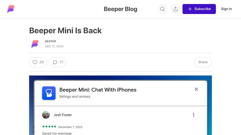 Screenshot of blog.beeper.com: Beeper Mini is back