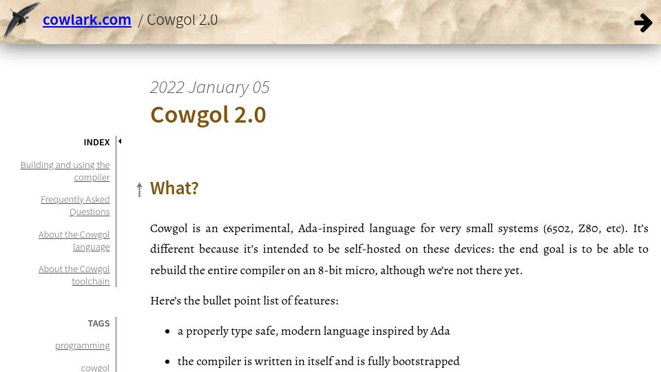 Screenshot of cowlark.com: Cowgol 2.0 (2022)