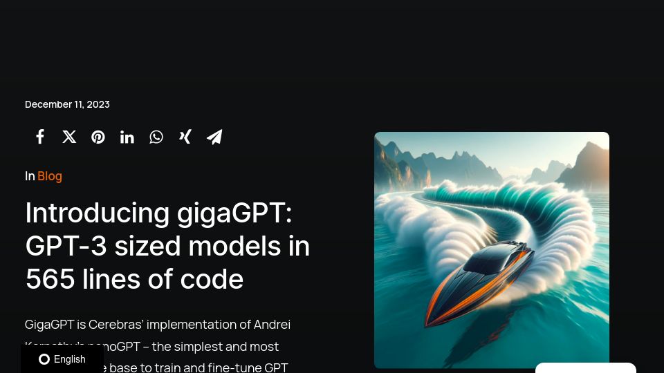 Screenshot of cerebras.net: GigaGPT: GPT-3 sized models in 565 lines of code