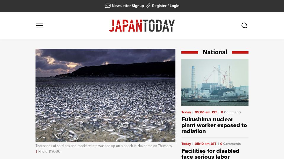 Screenshot of japantoday.com: Tons of dead sardines, mackerel wash ashore in northern Japan