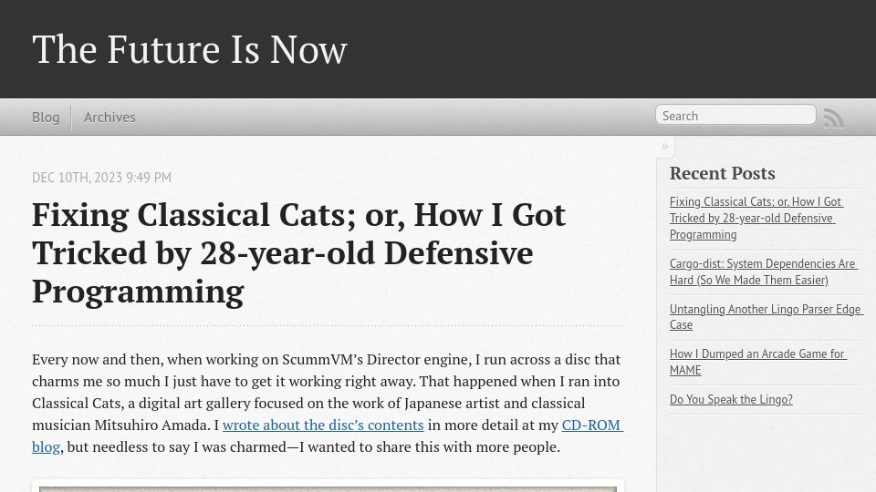 Screenshot of mistys-internet.website: Fixing Classical Cats: How I got tricked by 28-year-old defensive programming