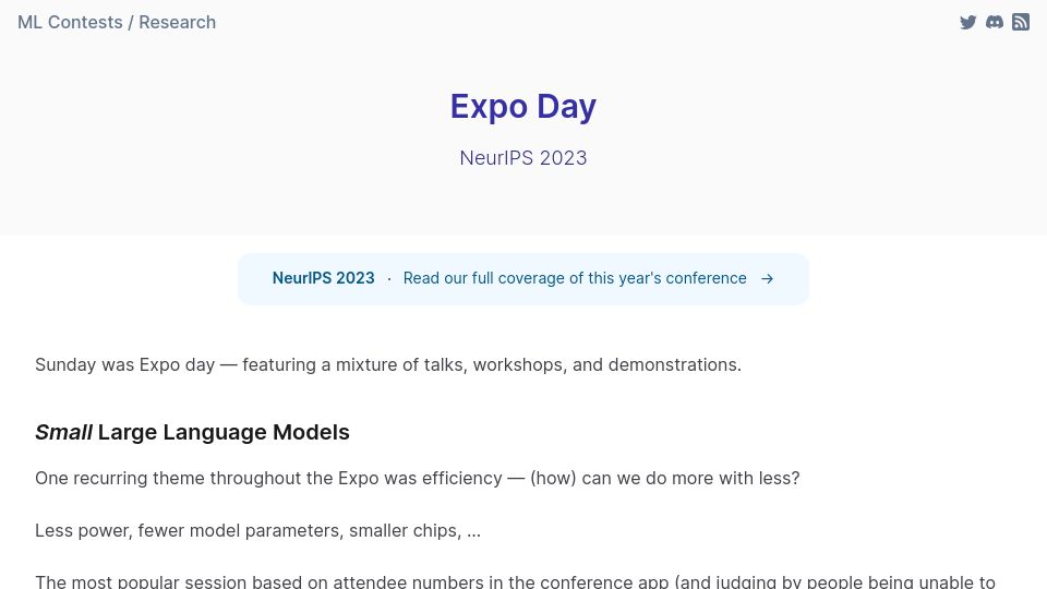 Screenshot of mlcontests.com: NeurIPS 2023: Expo Day