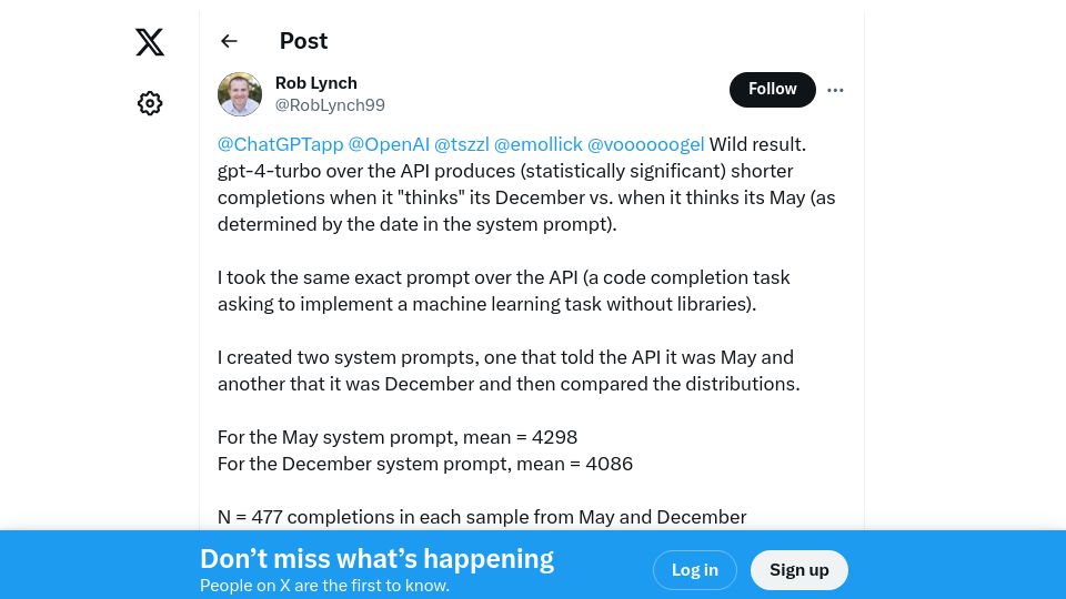 Screenshot of twitter.com: GPT-4-turbo produces shorter completions when it "thinks" its December vs. May