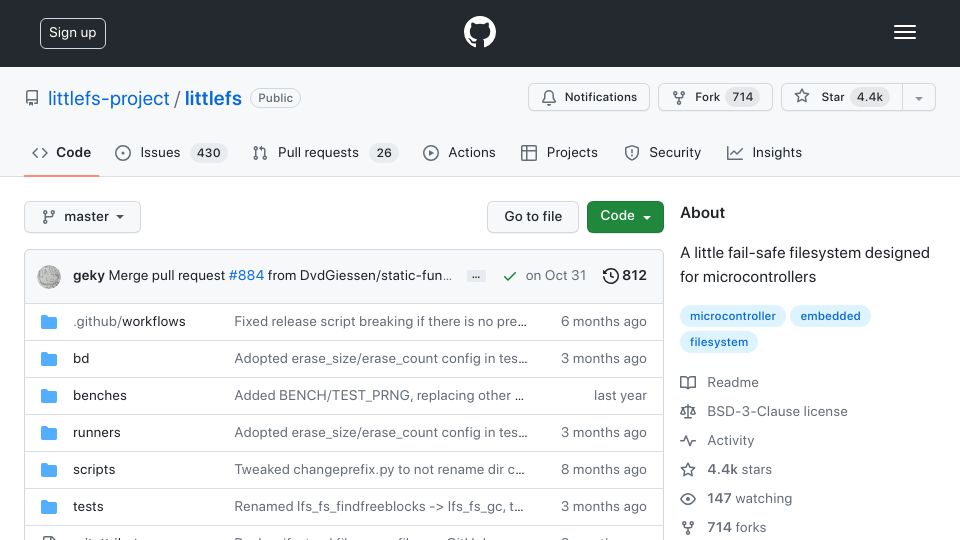 Screenshot of github.com: Littlefs – a little fail-safe filesystem designed for microcontrollers