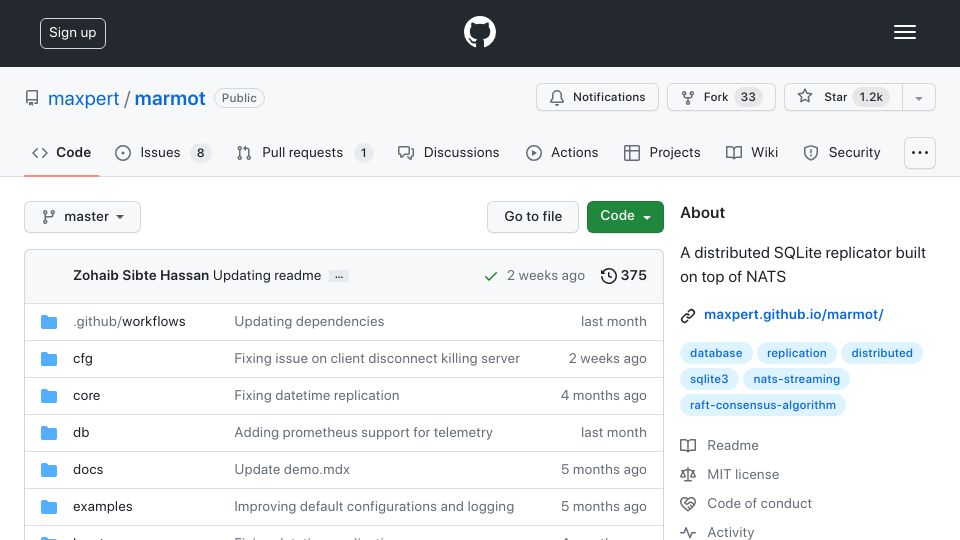 Screenshot of github.com: Marmot: Multi-writer distributed SQLite based on NATS