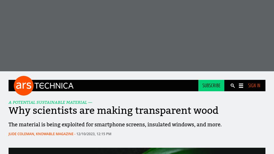 Screenshot of arstechnica.com: Transparent wood could soon find uses in smartphone screens, insulated windows