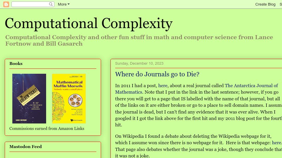 Screenshot of blog.computationalcomplexity.org: Where do journals go to die?