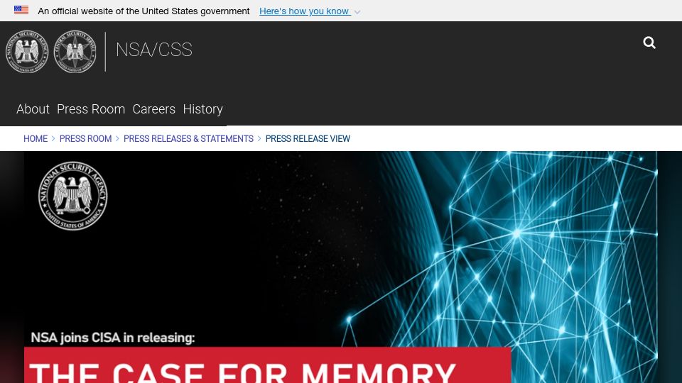 Screenshot of nsa.gov: The NSA advises move to memory-safe languages