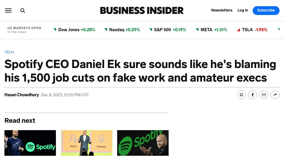 Screenshot of businessinsider.com: Spotify CEO Daniel Ek blames his 1,500 job cuts on fake work and amateur execs