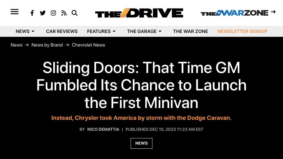 Screenshot of thedrive.com: Sliding Doors: The Time GM Fumbled Its Chance to Launch the First Minivan