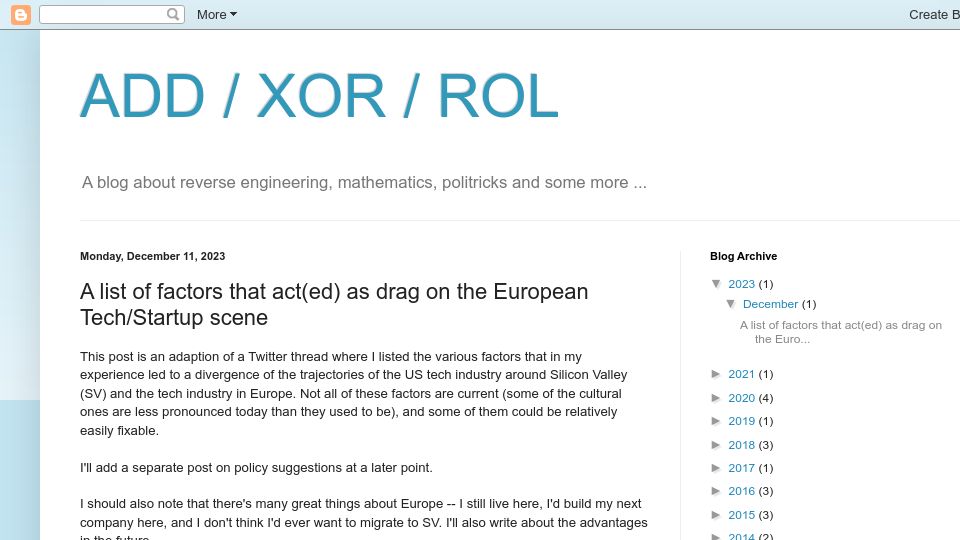 Screenshot of addxorrol.blogspot.com: Factors that act(ed) as drag on the European tech/startup scene