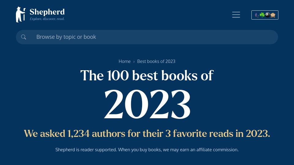 Screenshot of shepherd.com: Show HN: Crunching 1,200 Authors' Favorite Reads of 2023