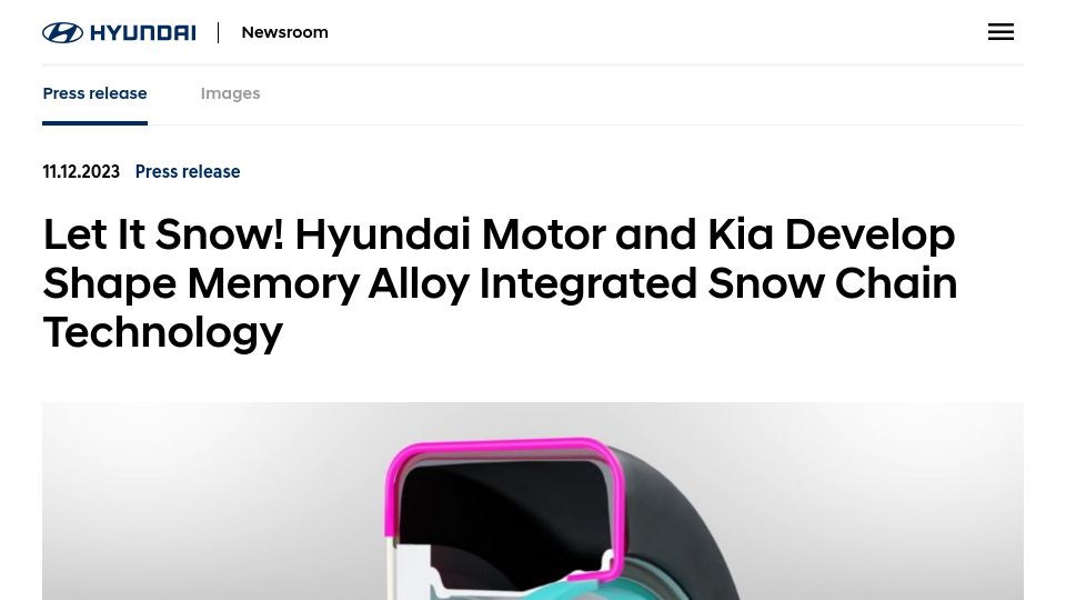 Screenshot of hyundai.news: Hyundai and Kia Develop Shape Memory Alloy Integrated Snow Chain Technology