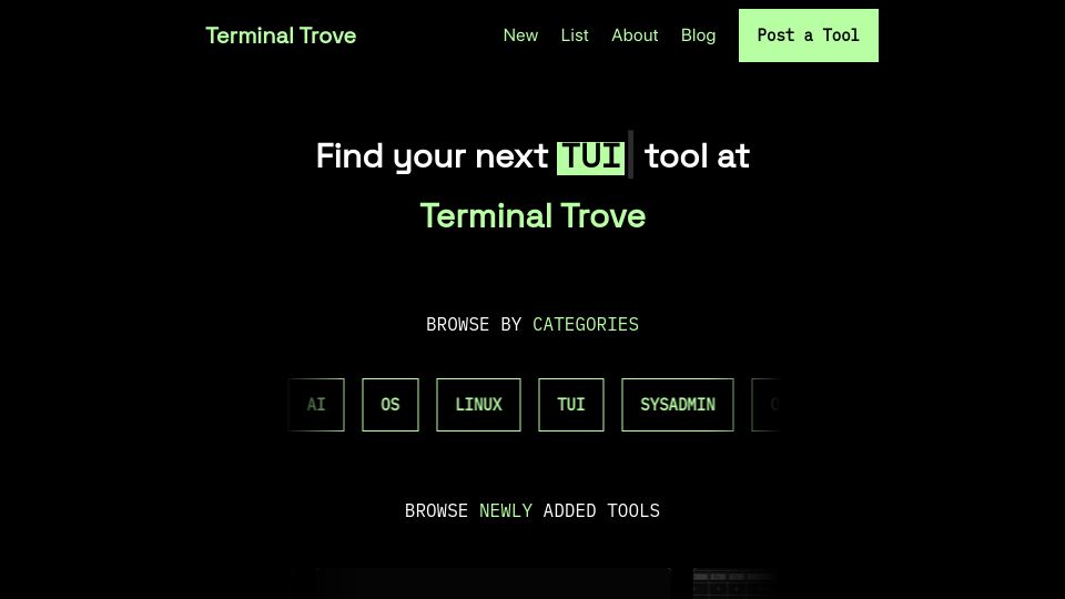 Screenshot of terminaltrove.com: Terminal Trove – A collection of CLIs, TUIs and all things in the terminal