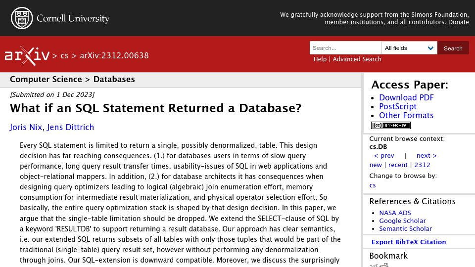 Screenshot of arxiv.org: What if an SQL statement returned a database?