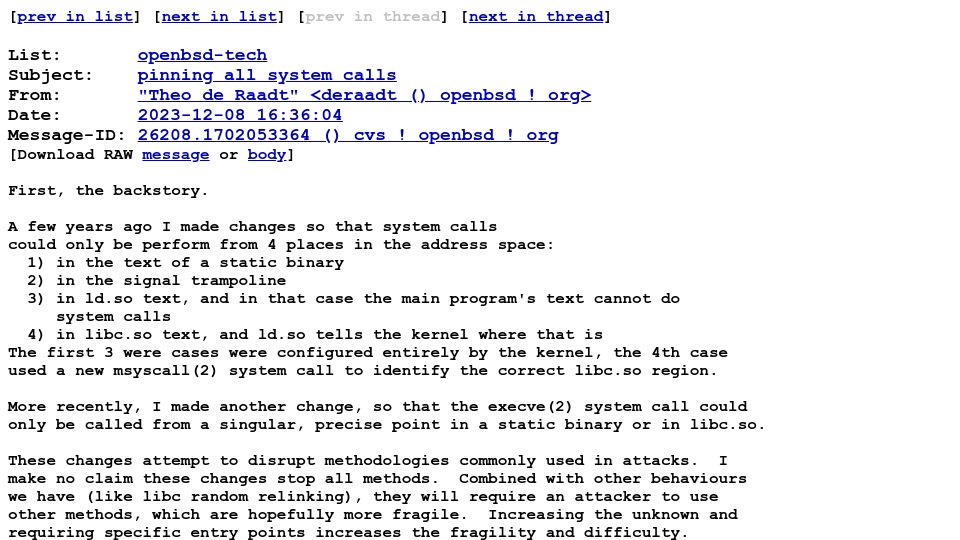 Screenshot of marc.info: OpenBSD – pinning all system calls