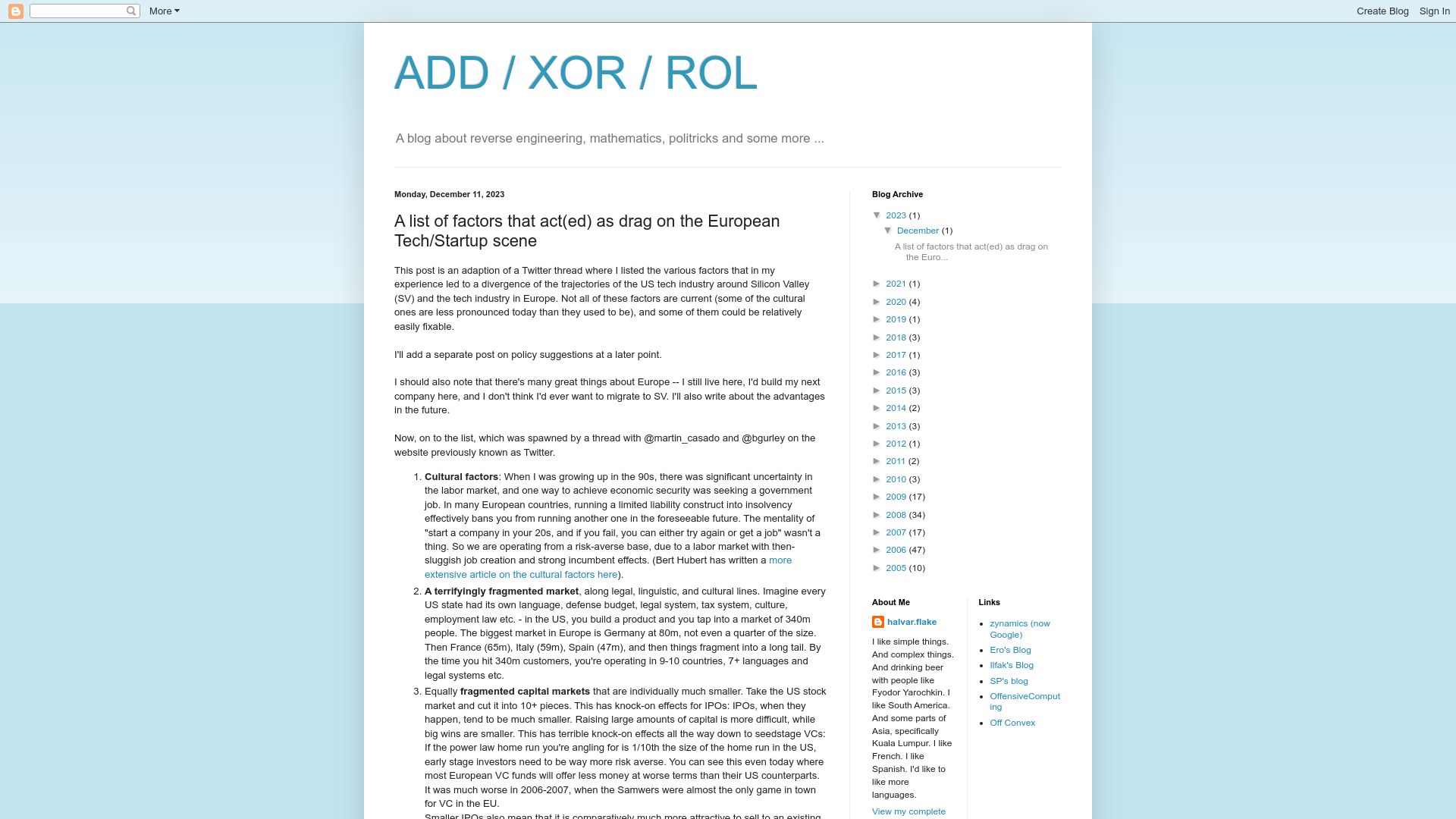 Screenshot of addxorrol.blogspot.com: Factors that act(ed) as drag on the European tech/startup scene