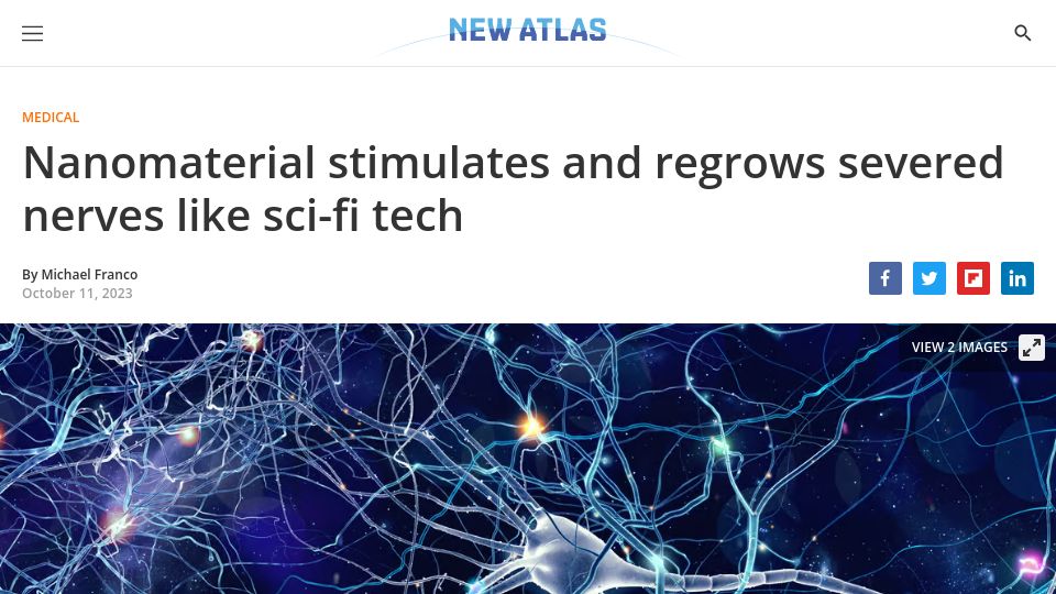 Screenshot of newatlas.com: Nanomaterial stimulates and regrows severed nerves like sci-fi tech