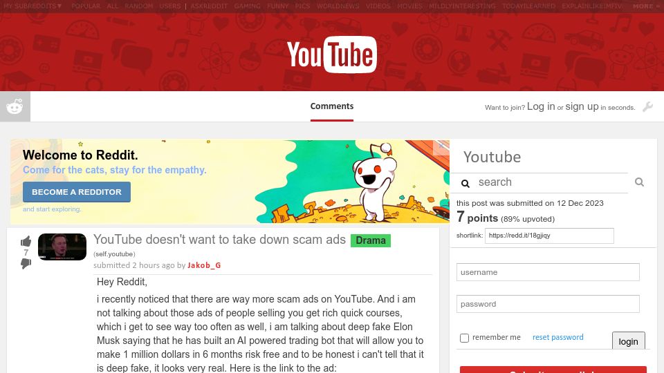 Screenshot of old.reddit.com: YouTube doesn't want to take down scam ads