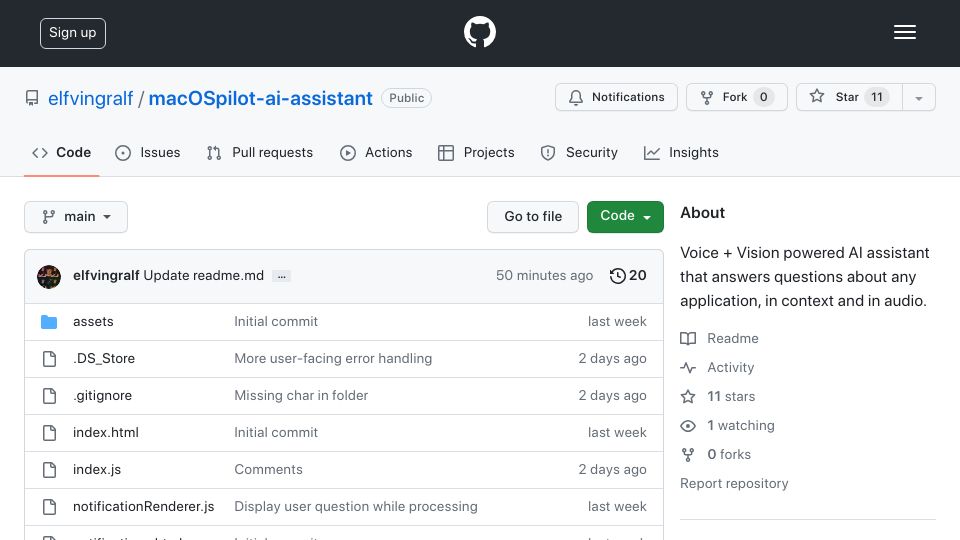 Screenshot of github.com: Show HN: Open-source macOS AI copilot using vision and voice