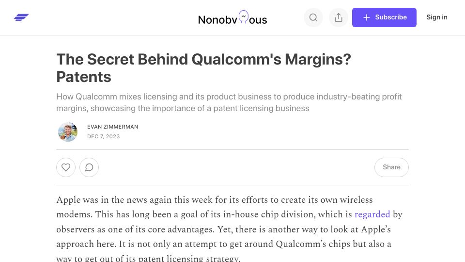 Screenshot of blog.withedge.com: The Secret Behind Qualcomm's Margins? Patents