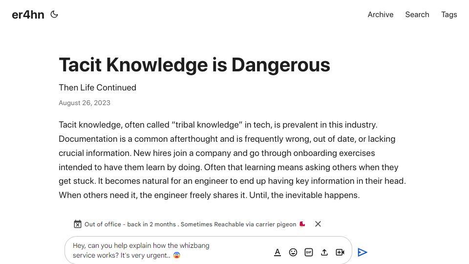 Screenshot of er4hn.info: Tacit Knowledge Is Dangerous
