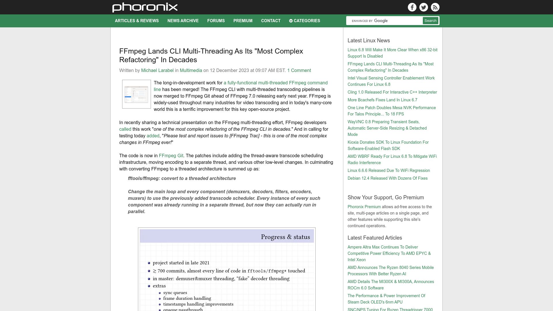 Screenshot of phoronix.com: FFmpeg lands CLI multi-threading as its "most complex refactoring" in decades