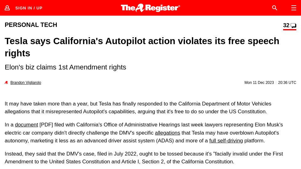 Screenshot of theregister.com: Tesla says California's Autopilot action violates its free speech rights