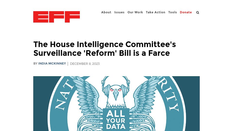 Screenshot of eff.org: The House Intelligence Committee's Surveillance 'Reform' Bill Is a Farce