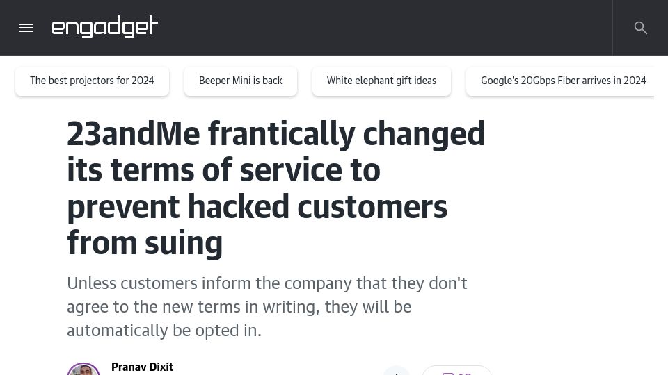 Screenshot of engadget.com: 23andMe changed its terms of service to prevent hacked customers from suing