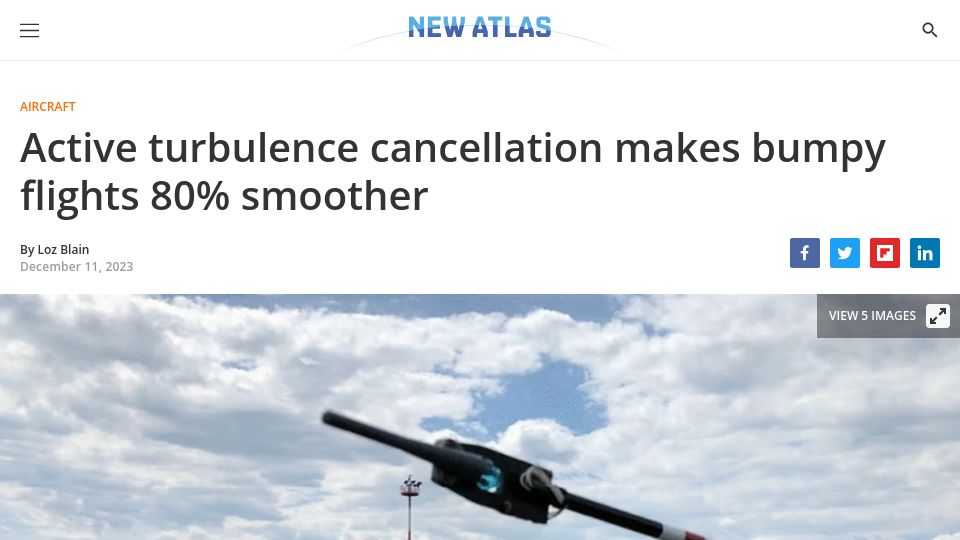 Screenshot of newatlas.com: Active turbulence cancellation makes bumpy flights smoother
