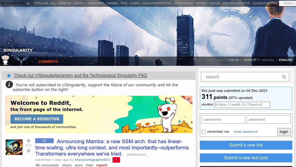 Screenshot of old.reddit.com: Mamba outperforms transformers "everywhere we tried"