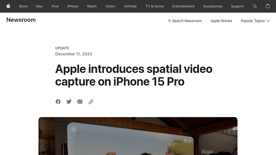 Screenshot of apple.com: Apple introduces spatial video capture on iPhone 15 Pro