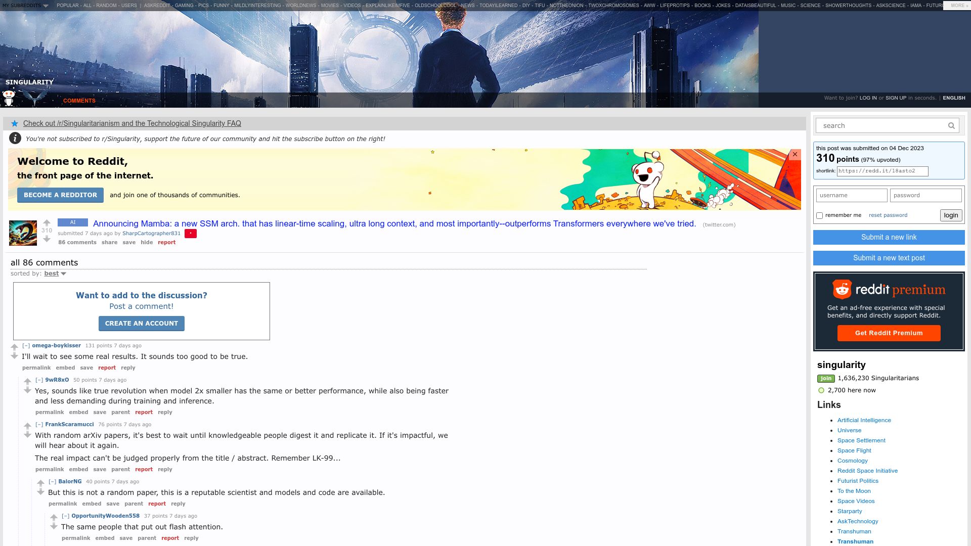 Screenshot of old.reddit.com: Mamba outperforms transformers "everywhere we tried"