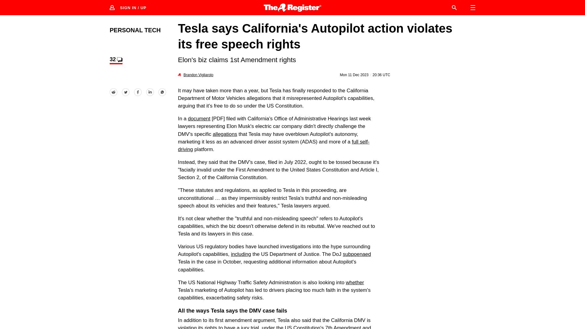 Screenshot of theregister.com: Tesla says California's Autopilot action violates its free speech rights
