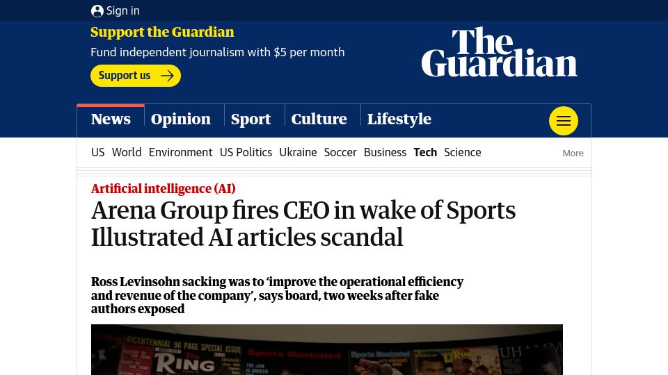 Screenshot of theguardian.com: Arena Group fires CEO in wake of Sports Illustrated AI articles scandal
