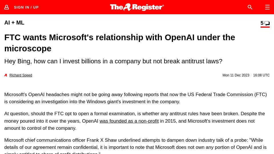 Screenshot of theregister.com: FTC wants Microsoft's relationship with OpenAI under the microscope
