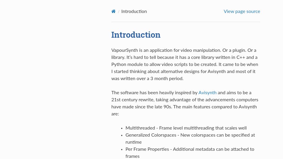 Screenshot of vapoursynth.com: VapourSynth: A video processing framework with simplicity in mind