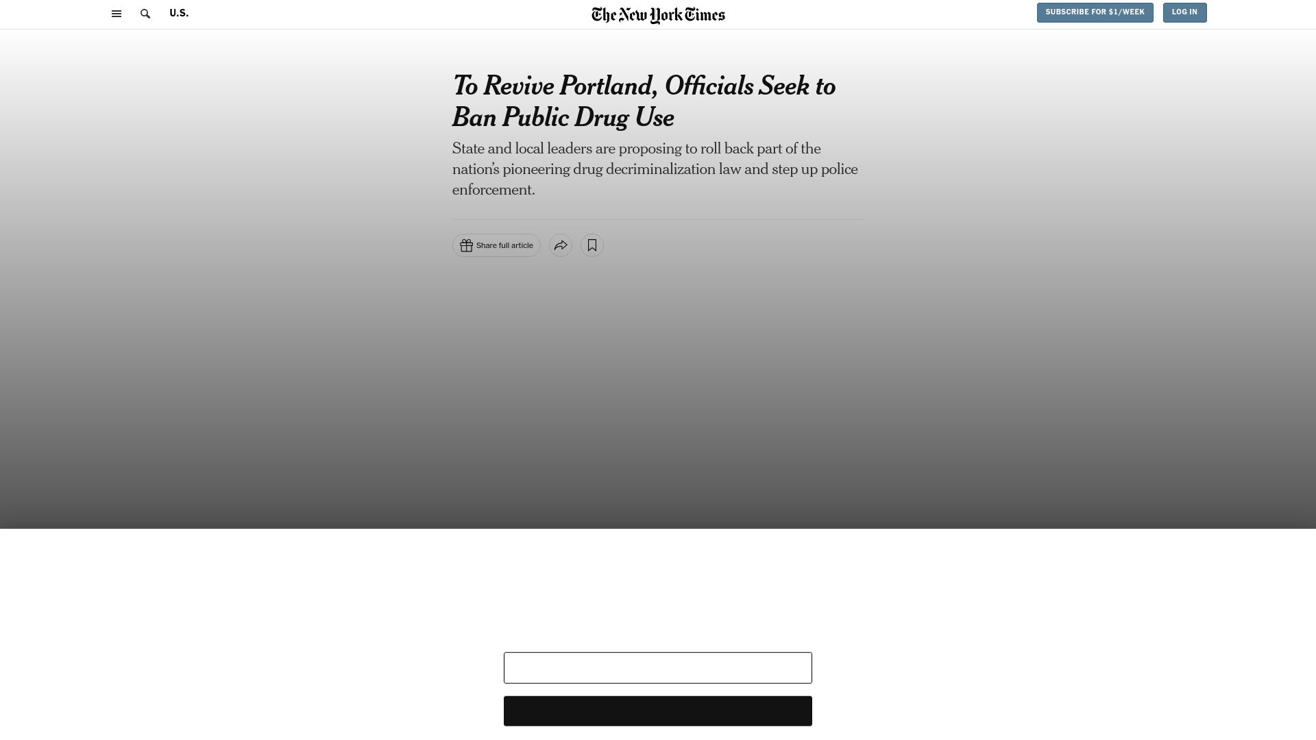 Screenshot of nytimes.com: To revive Portland, officials seek to ban public drug use