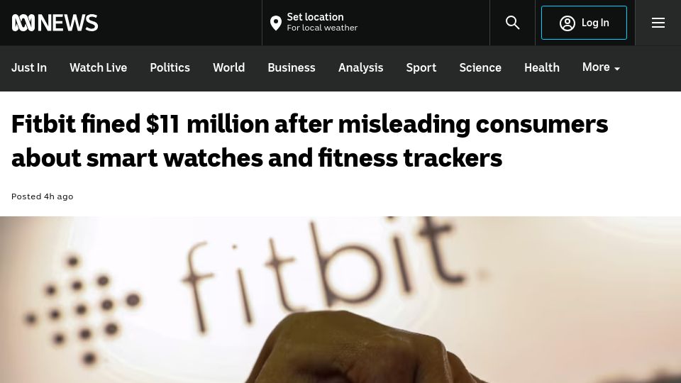 Screenshot of abc.net.au: Fitbit fined $11M for misleading consumers about their rights under consumer law