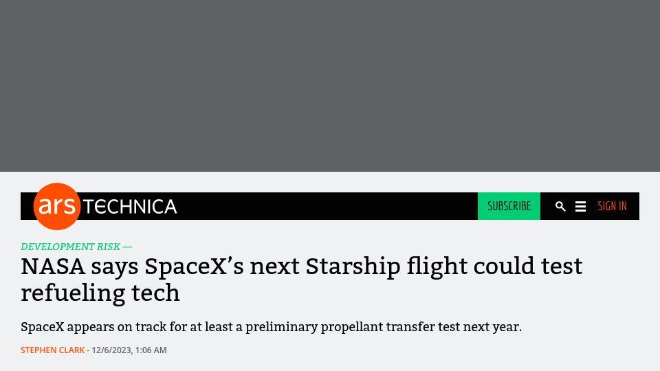 Screenshot of arstechnica.com: NASA says SpaceX’s next Starship flight could test refueling tech