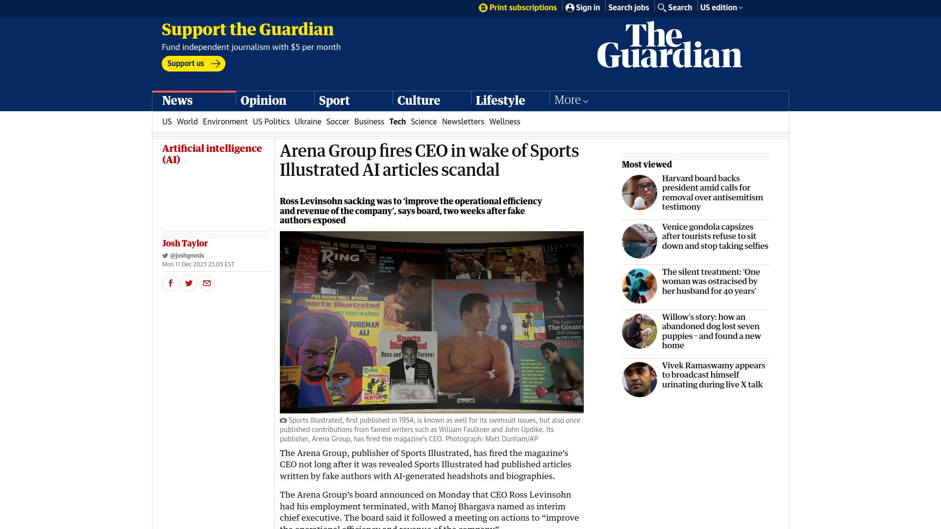 Screenshot of theguardian.com: Arena Group fires CEO in wake of Sports Illustrated AI articles scandal