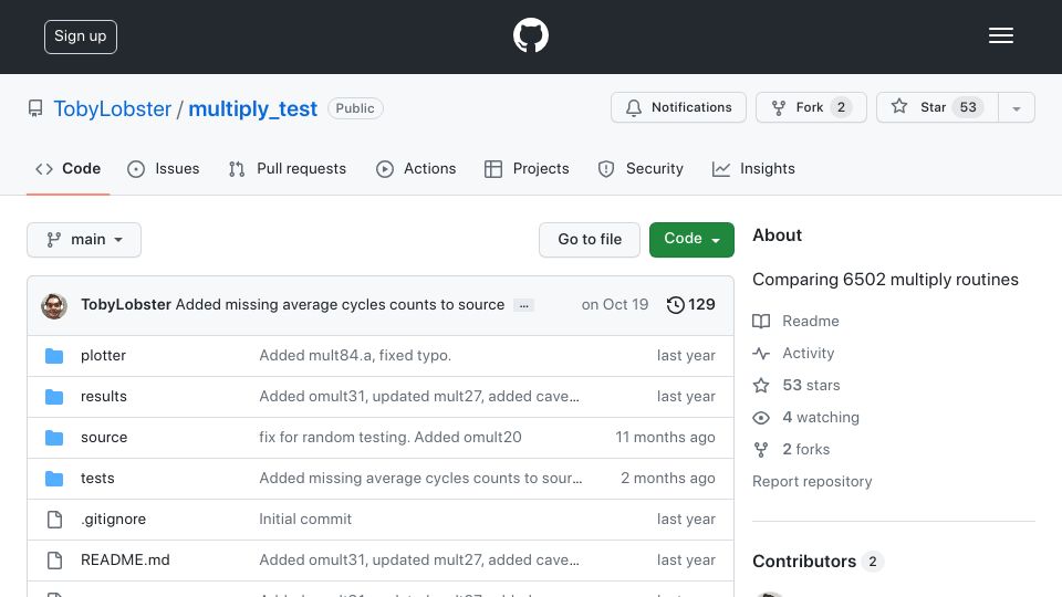 Screenshot of github.com: Comparing 6502 Multiply Routines