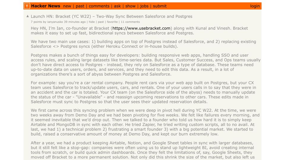 Screenshot of Hacker News post: Launch HN: Bracket (YC W22) – Two-Way Sync Between Salesforce and Postgres