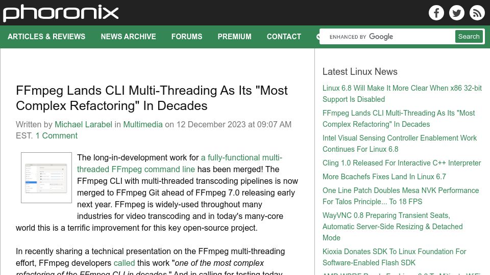 Screenshot of phoronix.com: FFmpeg lands CLI multi-threading as its "most complex refactoring" in decades