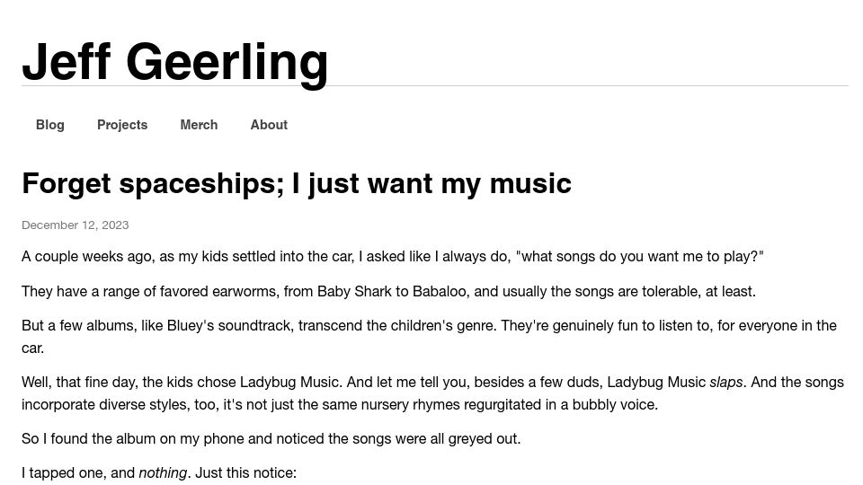 Screenshot of jeffgeerling.com: Forget spaceships; I just want my music