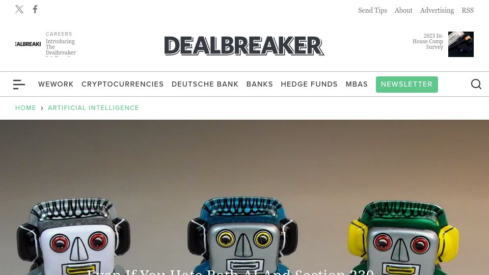 Screenshot of dealbreaker.com: You Should Be Concerned About the Bill to Remove Section 230 Protections from AI