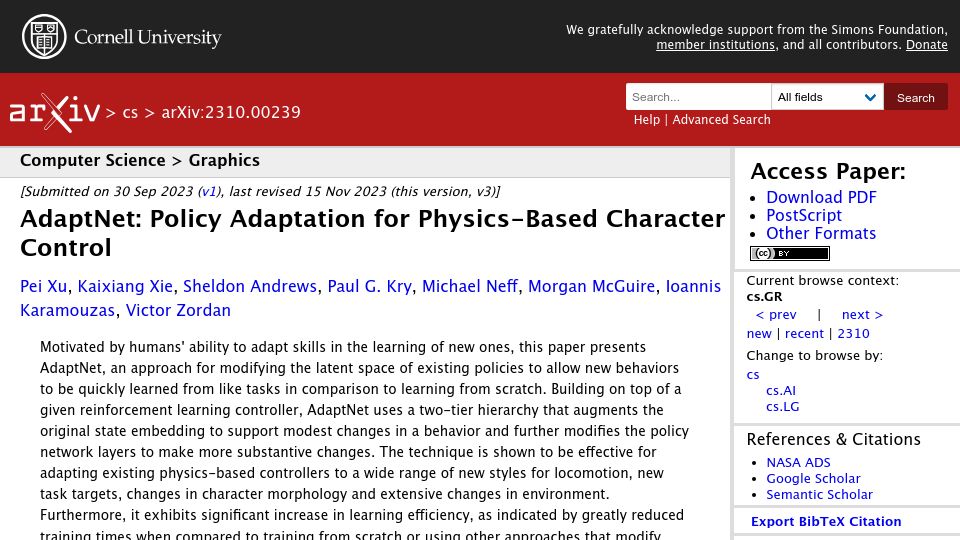 Screenshot of arxiv.org: AdaptNet: Policy Adaptation for Physics-Based Character Control